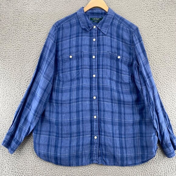 Lauren Ralph Lauren Top Womens 1X Plus Blue Linen Plaid Button Up Long Sleeves - Picture 1 of 9